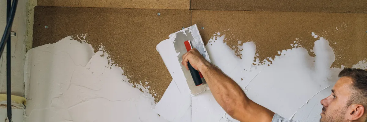 A builder plastering a wall.