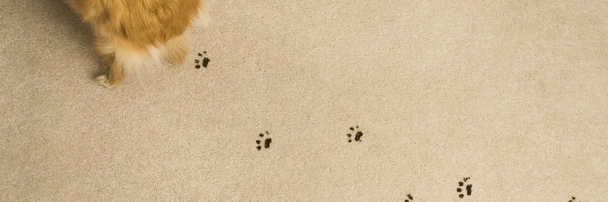A dog with a trail of brown footprints on a beige carpet.