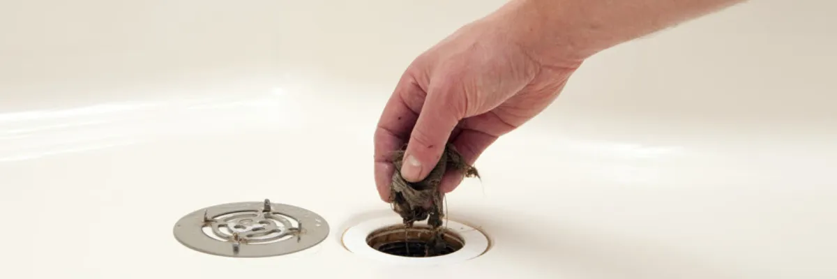 A person removing hair and gunk from a clogged drain.