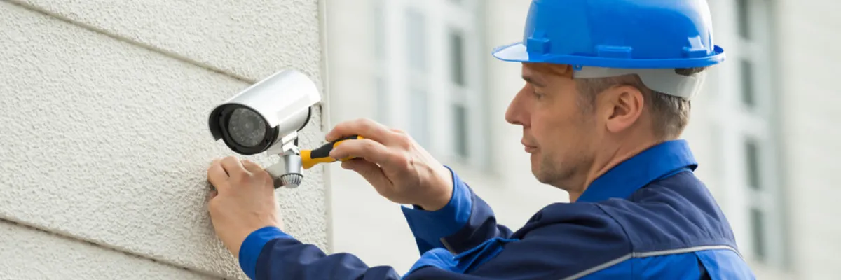 A professional installing a CCTV camera.
