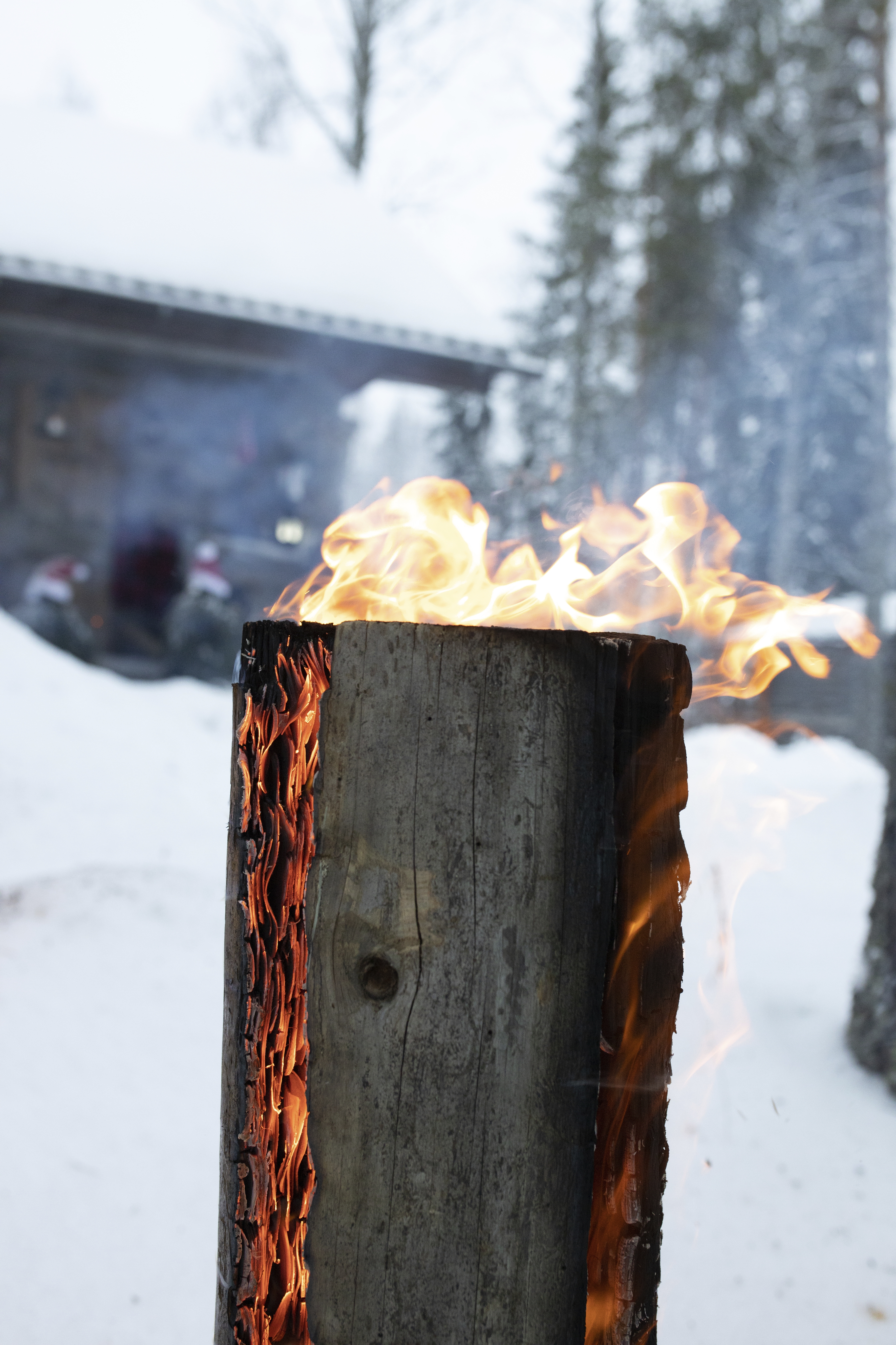 Jätkänkynttilä palaa talvella pihalla.