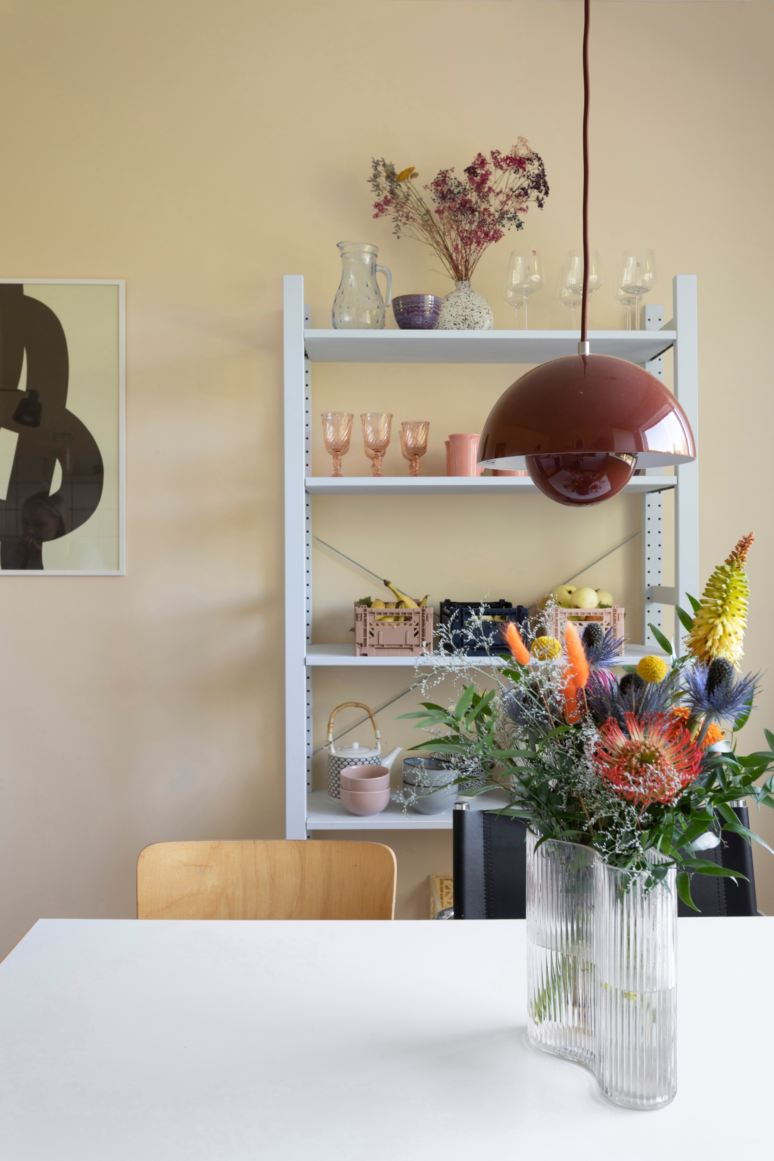 An Ikea solid wood Ivar shelf used as a dish shelf