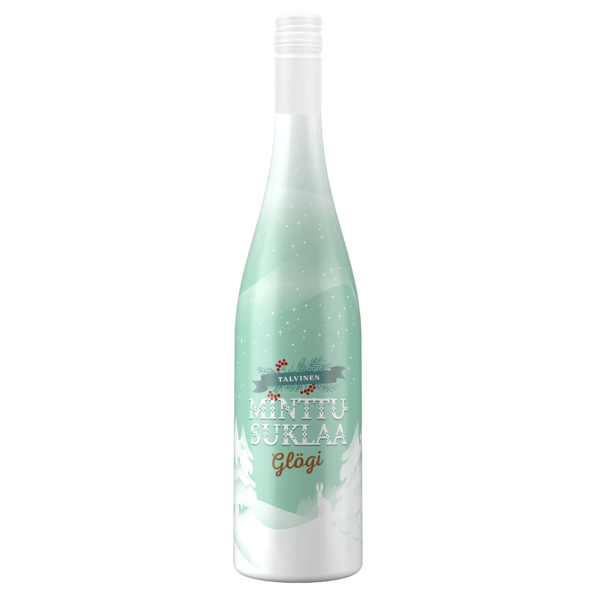 Talvinen Minttu-Suklaa Glögi 8 % 11,49 € / 0,75 l (Pernod Ricard), pullo on turkoosi ja valkoinen, luminen maisema.