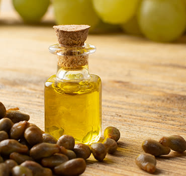 Grape oil seed in small vintage bottle. Heap of grape seeds with green slices and cold press organic essential oil, for hair.