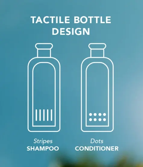 Tactile Bottle Design: striped = shampoo, dots = conditioner