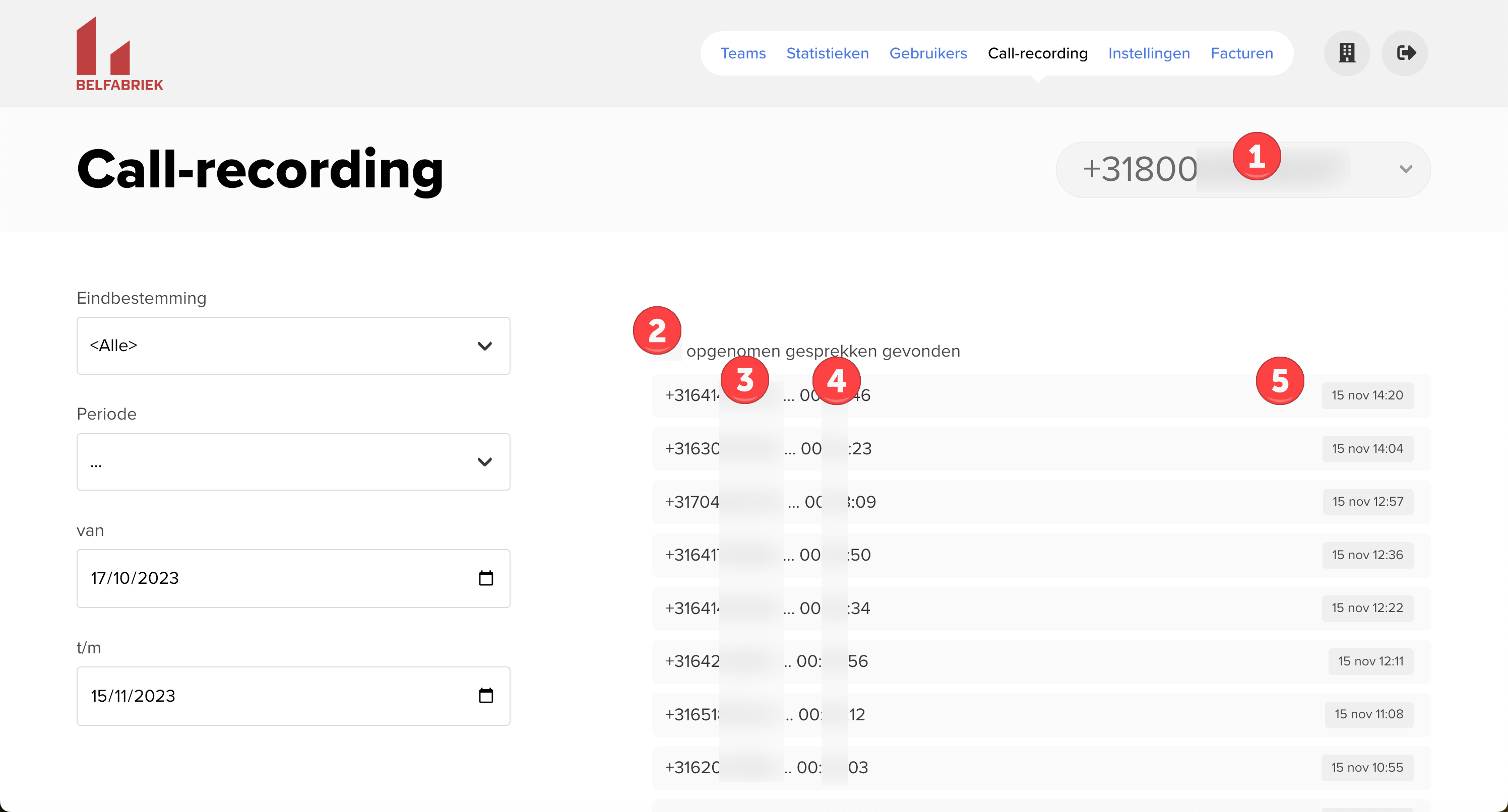 Call-recording overzichtscherm