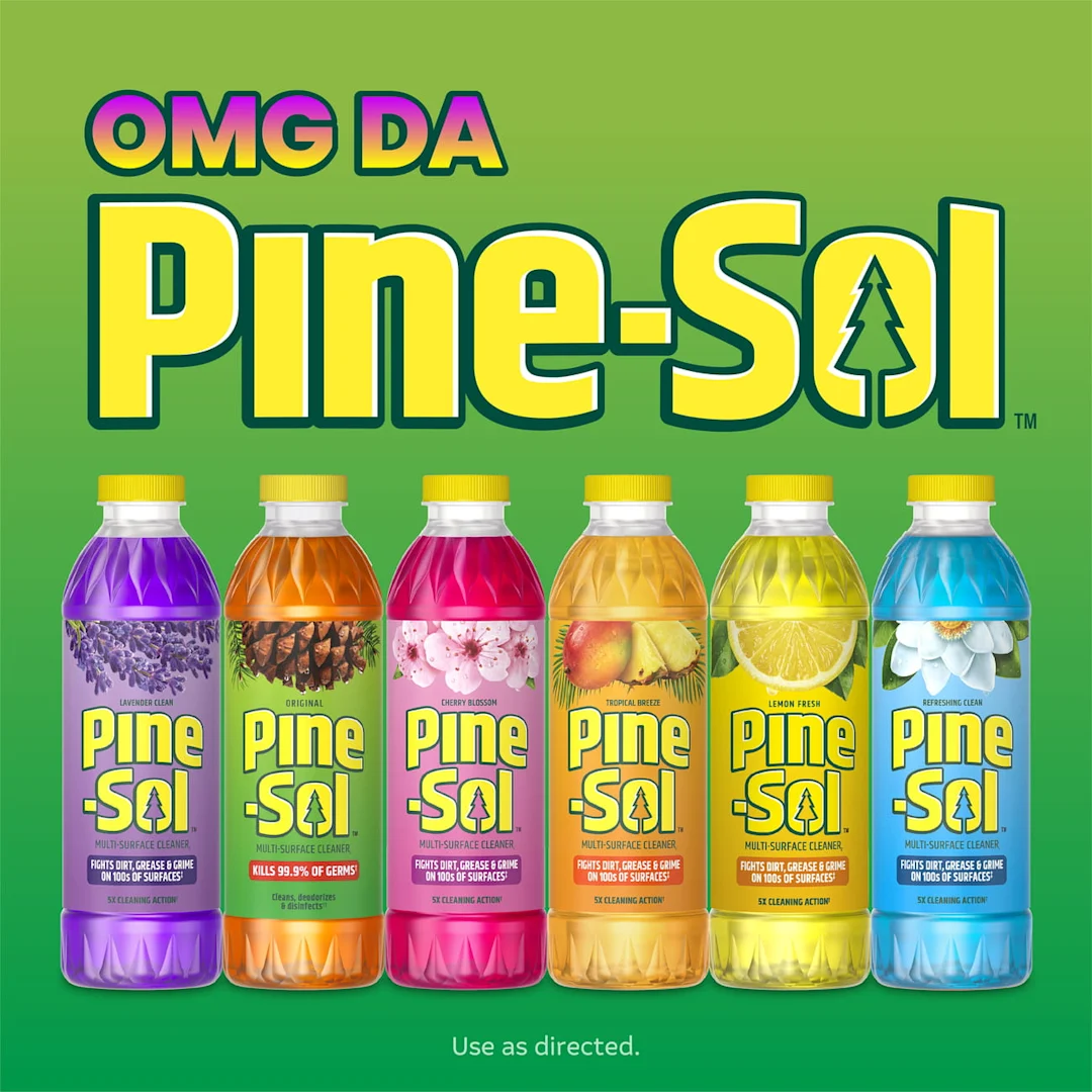 A line-up of 6 Pine-Sol products with the words OMG DA PINE