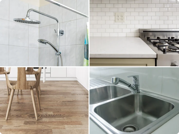 Collage of modern home interiors: tiled shower, kitchen stove, wood dining table, and stainless steel sink.