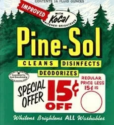 Etiqueta vintage Pine-Sol de 1957, oferta especial 15 centavos de descuento.