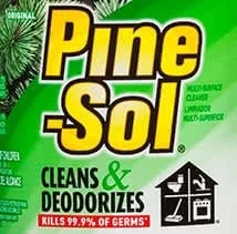 Pine-Sol label with the word Pine-Sol in yellow on a green background, and illustration of house. Cleans & Deodorizes.