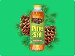 Bottle of Pine-Sol Original multi-surface cleaner with pine cones in background, kills 99.9% of germs.