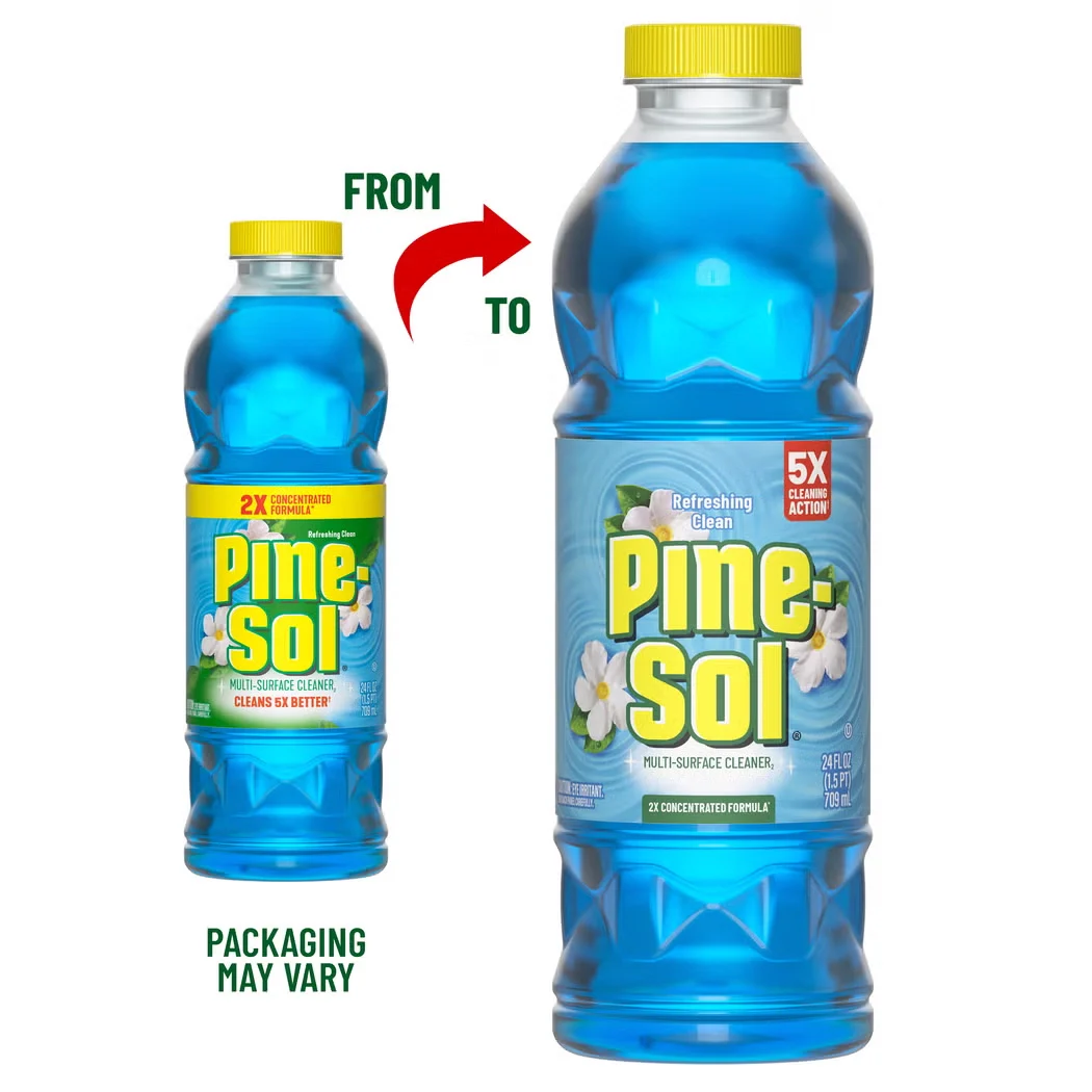 Two bottles of Refreshing Clean Pine-Sol showing the transition from the old concentration to the new