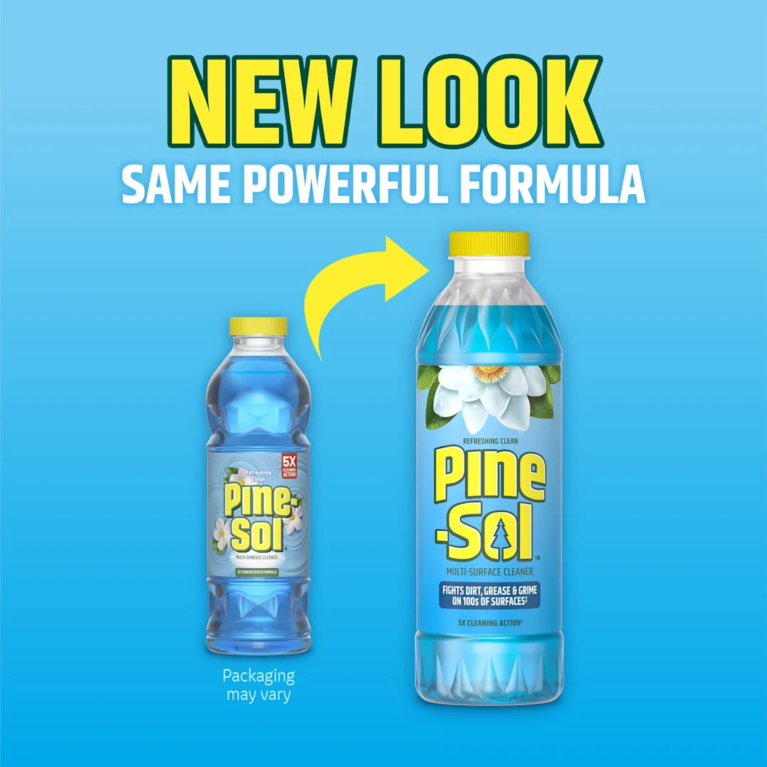 Two bottles of Refreshing Clean Pine-Sol showing the transition from the old formula to the new
