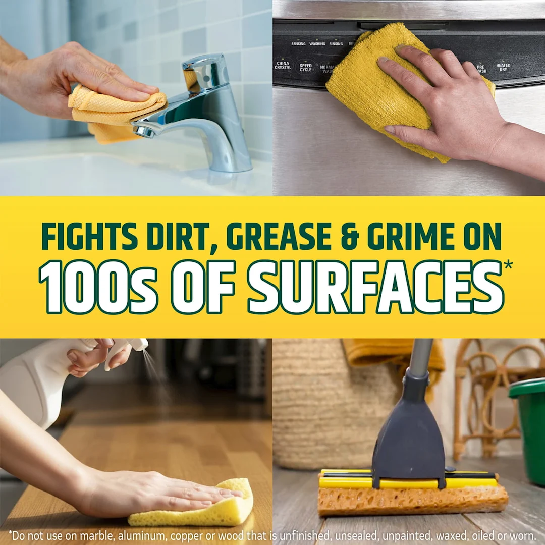 4 panels depicting surfaces that can be cleaned by Pine-Sol cleaners: sink, appliances, wooden tables, floors