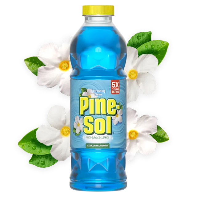 Bottle of Pine-Sol Refreshing Clean cleaner with white flower blossoms in background.