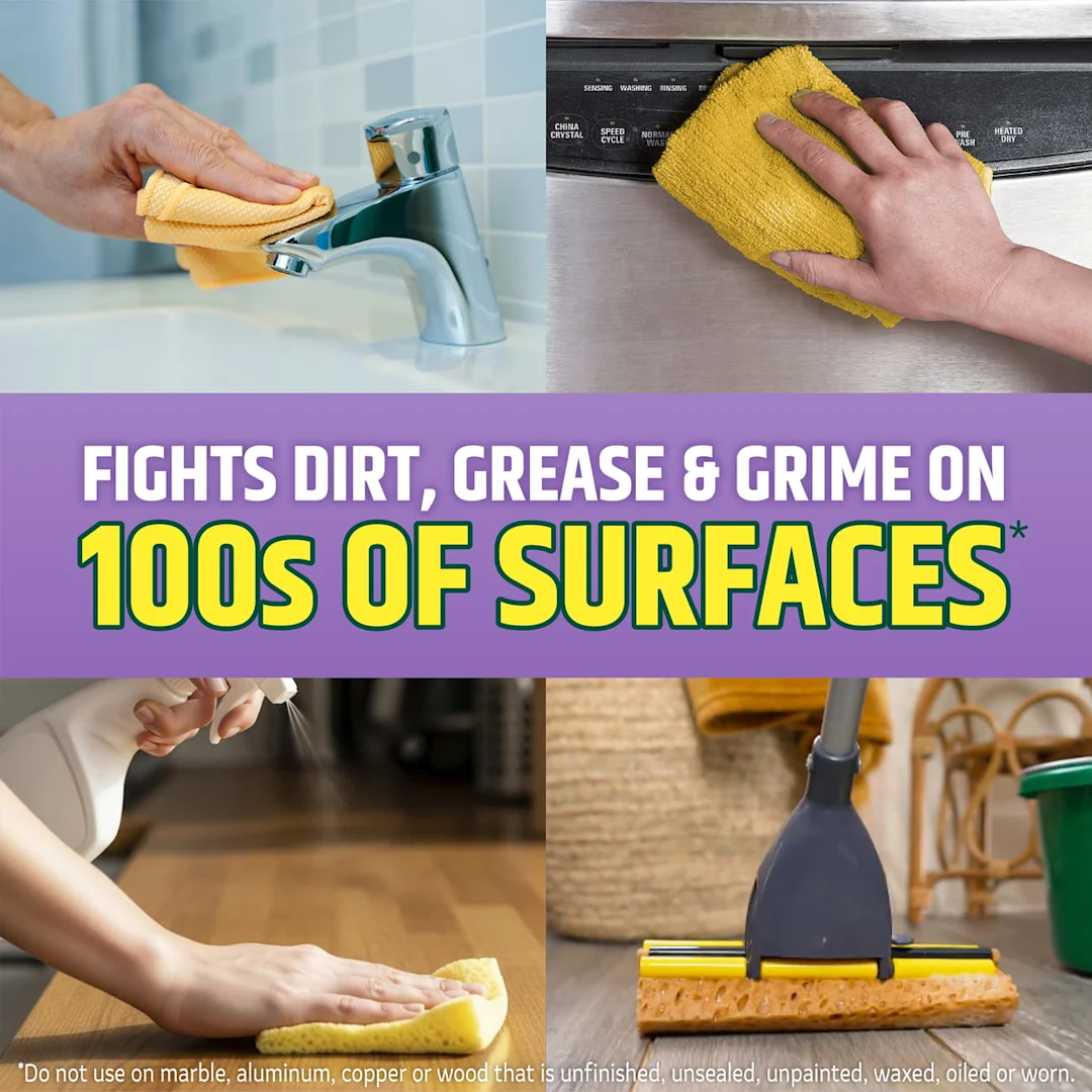 4 panels depicting surfaces that can be cleaned by Pine-Sol cleaners: sink, appliances, wooden tables, floors