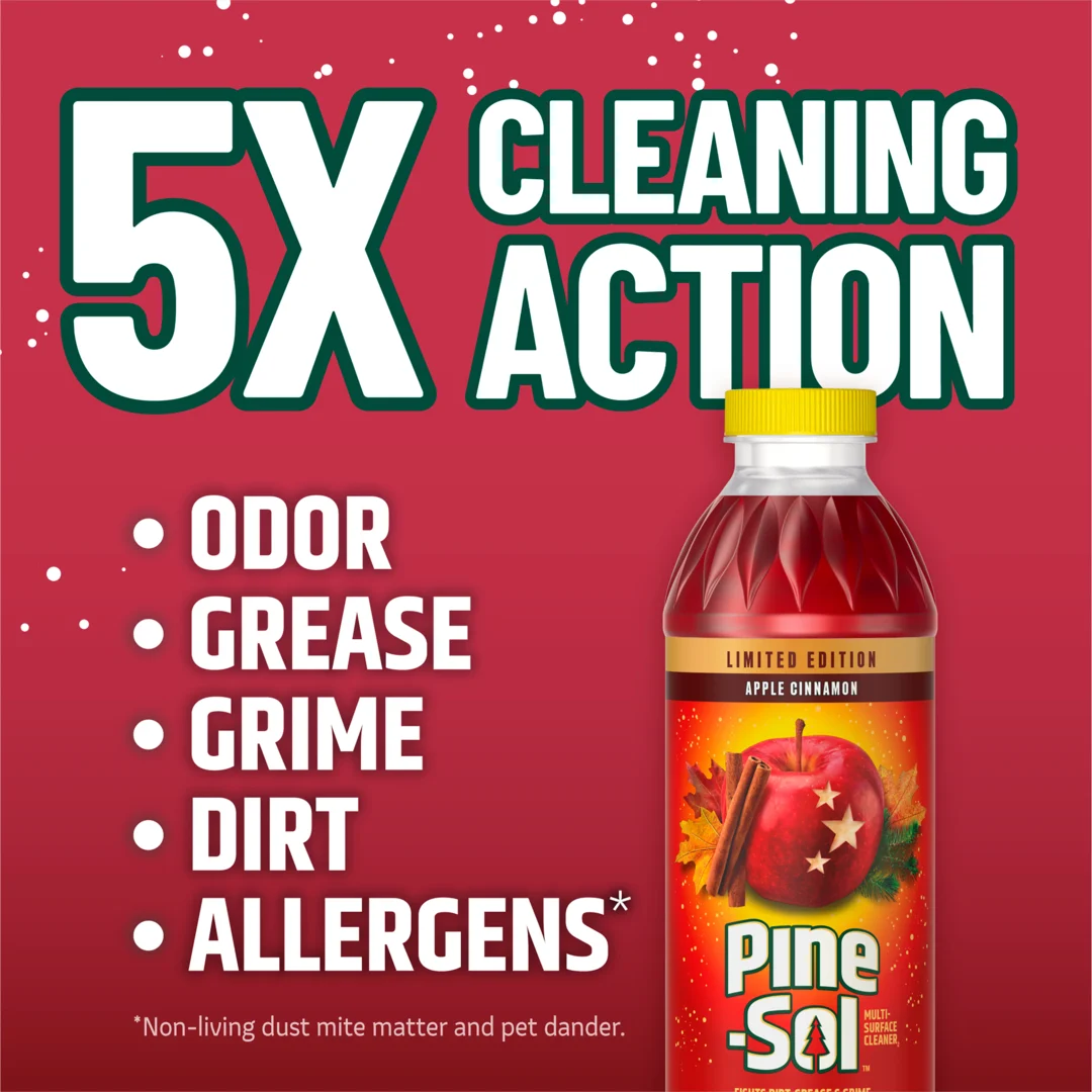 Pine-Sol Apple Cinnamon cleaner bottle with 5X cleaning action against dirt, grime, grease and odors.