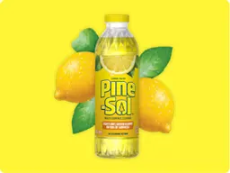 Bottle of Pine-Sol Lemon Fresh multi-surface cleaner, lemons in background, on yellow gradient.
