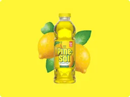 Bottle of Pine-Sol Lemon Fresh multi-surface cleaner, lemons in background, on yellow gradient.