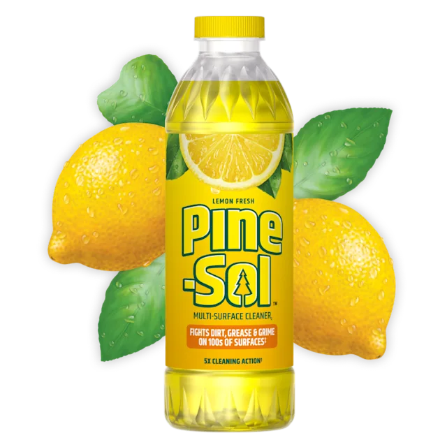 Bottle of Pine-Sol Lemon Fresh multi-surface cleaner, lemons in background.