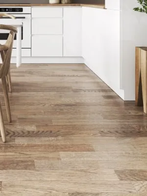 wood floor and white kitchen cabinets