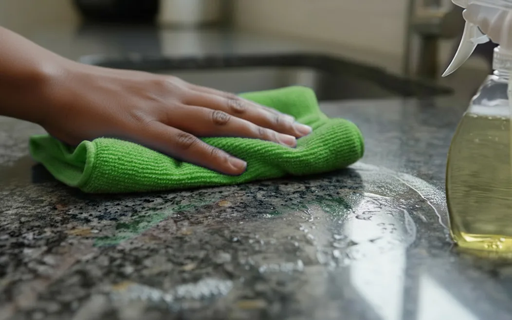 A hand wiping a granite countertop with a blue towel