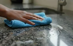 A hand wiping a granite countertop with a blue towel