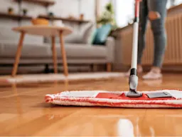Persona trapeando el piso de madera en una acogedora sala de estar con sofá, mesa y plantas de interior en el fondo.