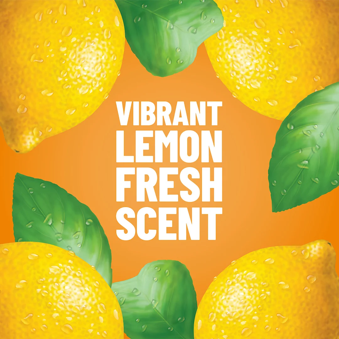 The words Vibrant Lemon Fresh Scent on an orange background with lemons at the edges
