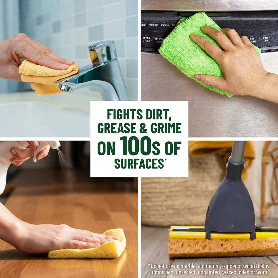 The words FIGHTS DIRT, GREASE & GRIME ON 100 SURFACES with 4 usage images 
