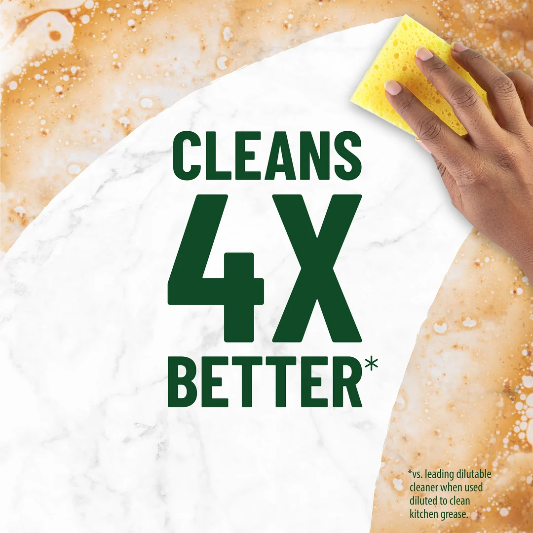 The words CLEANS 4X BETTER and a hand wiping away dirt from a surface with a sponge