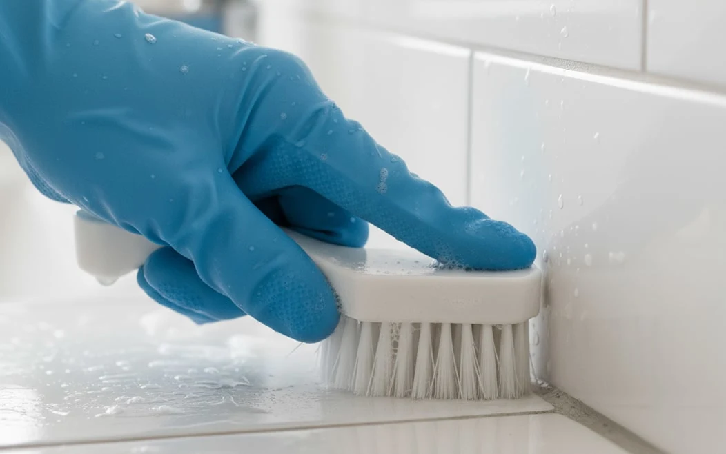 A hand in a blue glove cleaning bathroom tile with a white scrub brush