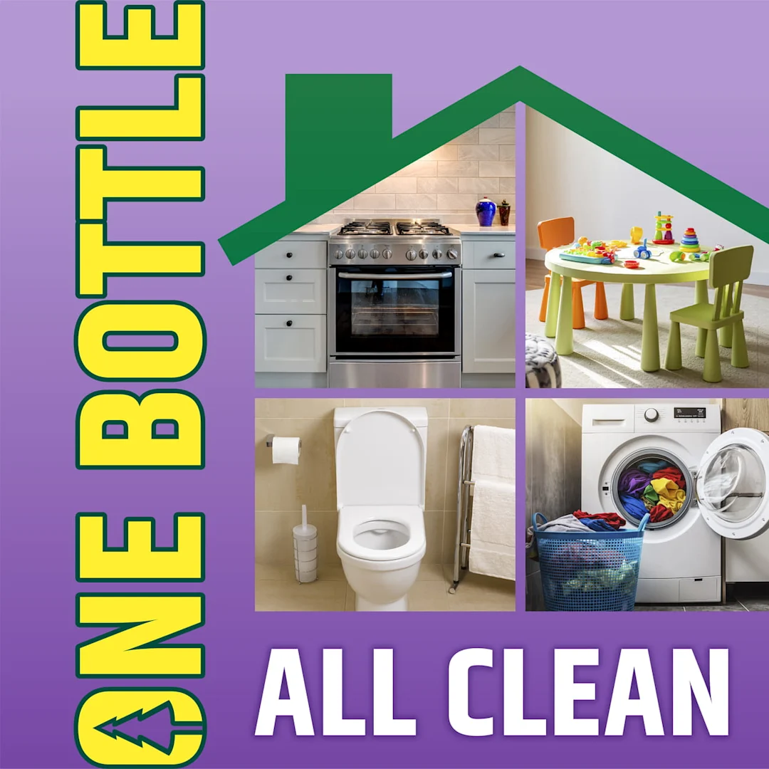 Las palabras One Bottle All Clean y una casa con 4 superficies