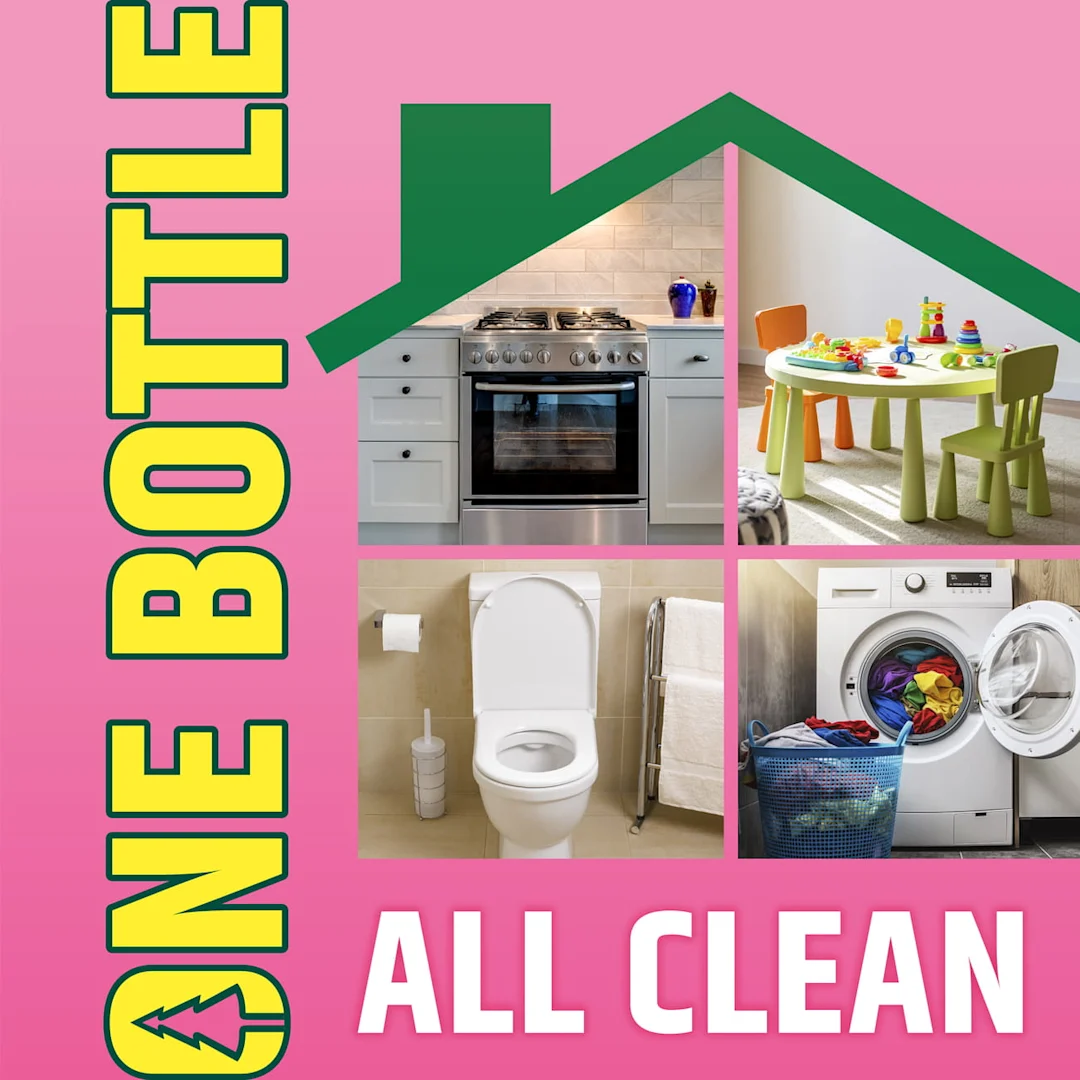The words One Bottle. All Clean. with a house showing various surfaces