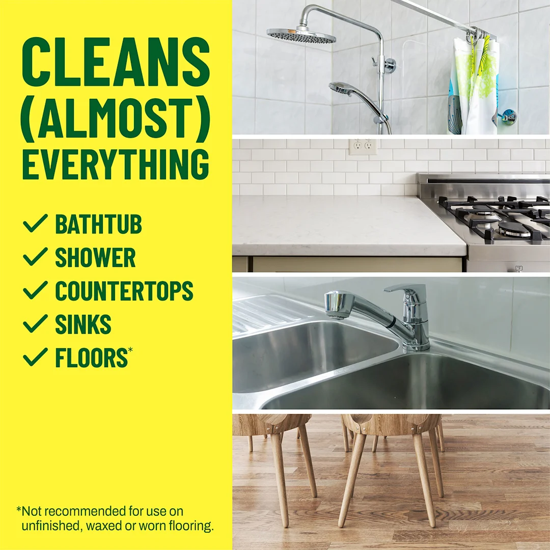 The words Cleans Almost Everything in a yellow banner with various surfaces