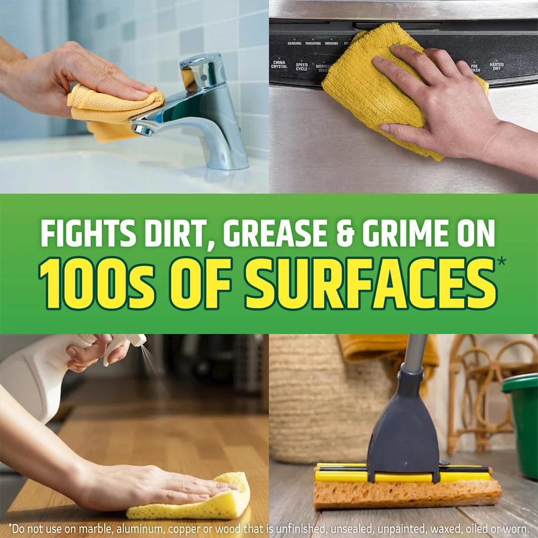 4 panels depicting surfaces that can be cleaned by Pine-Sol cleaners: sink, appliances, wooden tables, floors