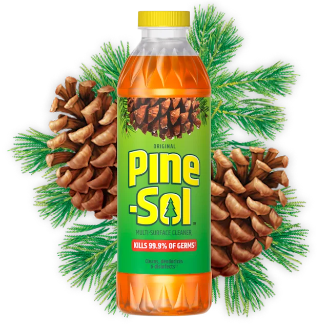 Bottle of Pine-Sol Original multi-surface cleaner with pine cones in background on green gradient.