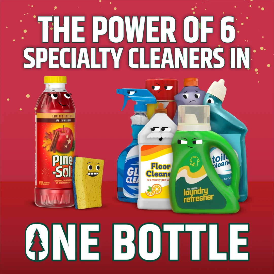 Botellas animadas de limpiador con caras y texto "El Poder de 6" sobre un fondo rojo.