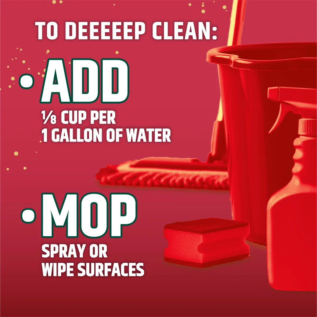 Red cleaning supplies with instructions to add 1/8 cup per gallon of water and mop or spray surfaces for deep cleaning.