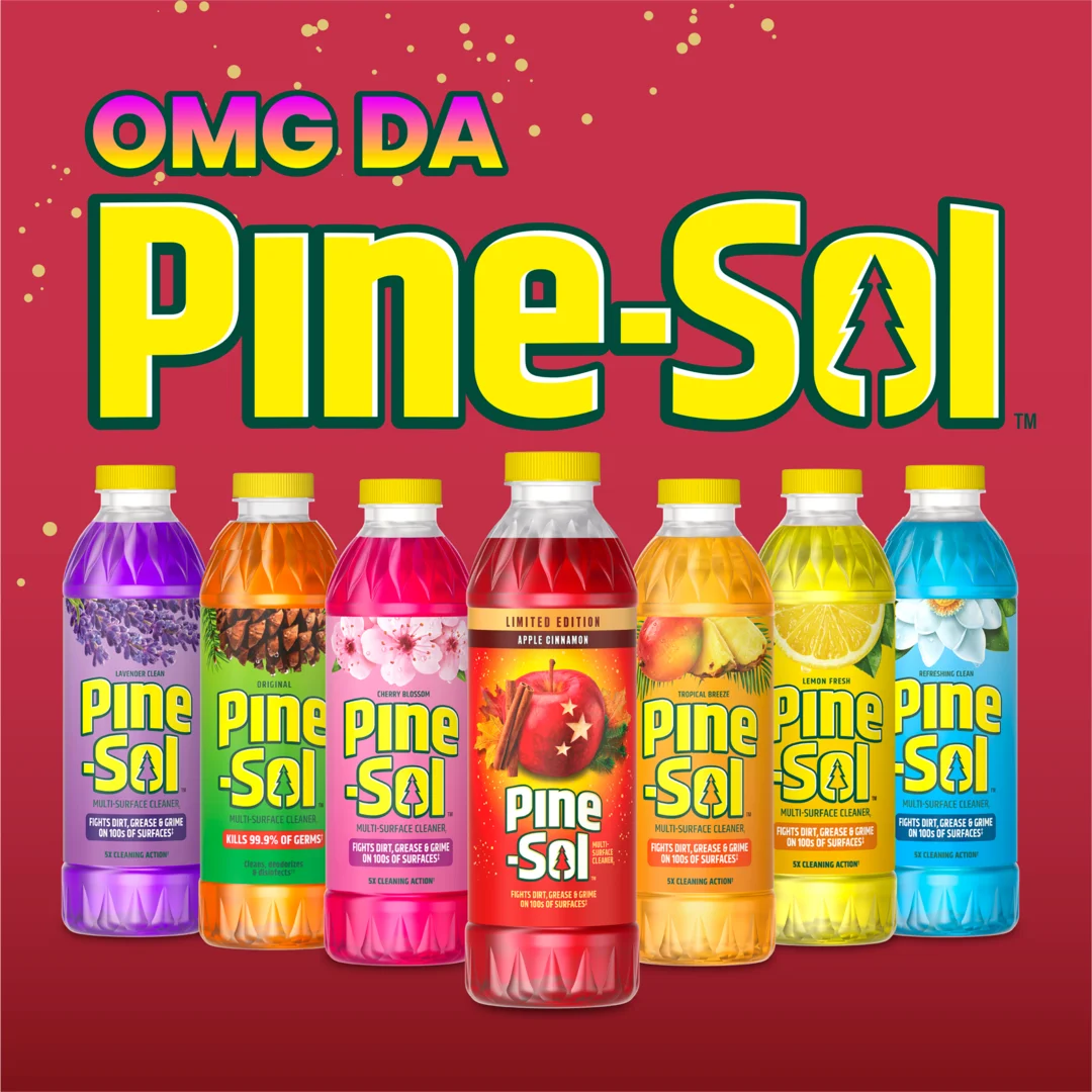 Seven colorful Pine-Sol bottles in purple, orange, pink, red, yellow, green, and blue on red background with OMG DA Pine-Sol text.