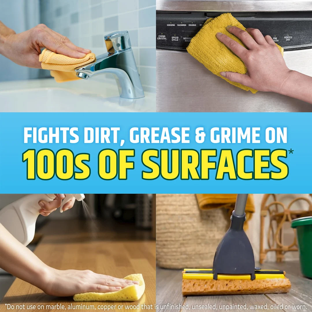 4 panels depicting surfaces that can be cleaned by Pine-Sol cleaners: sink, appliances, wooden tables, floors