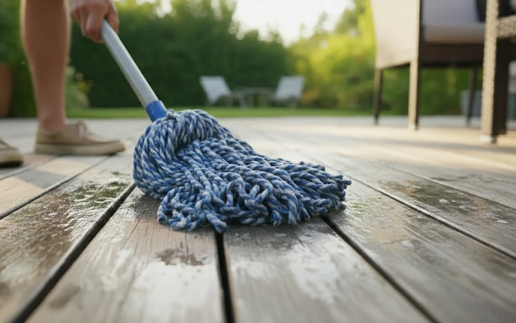 Una persona con una fregona azul limpiando una terraza de madera.