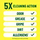 Las palabras 5X Cleaning Action: Odor, Grease, Grime, Dirt, Allergens en letras verdes sobre un fondo amarillo y blanco