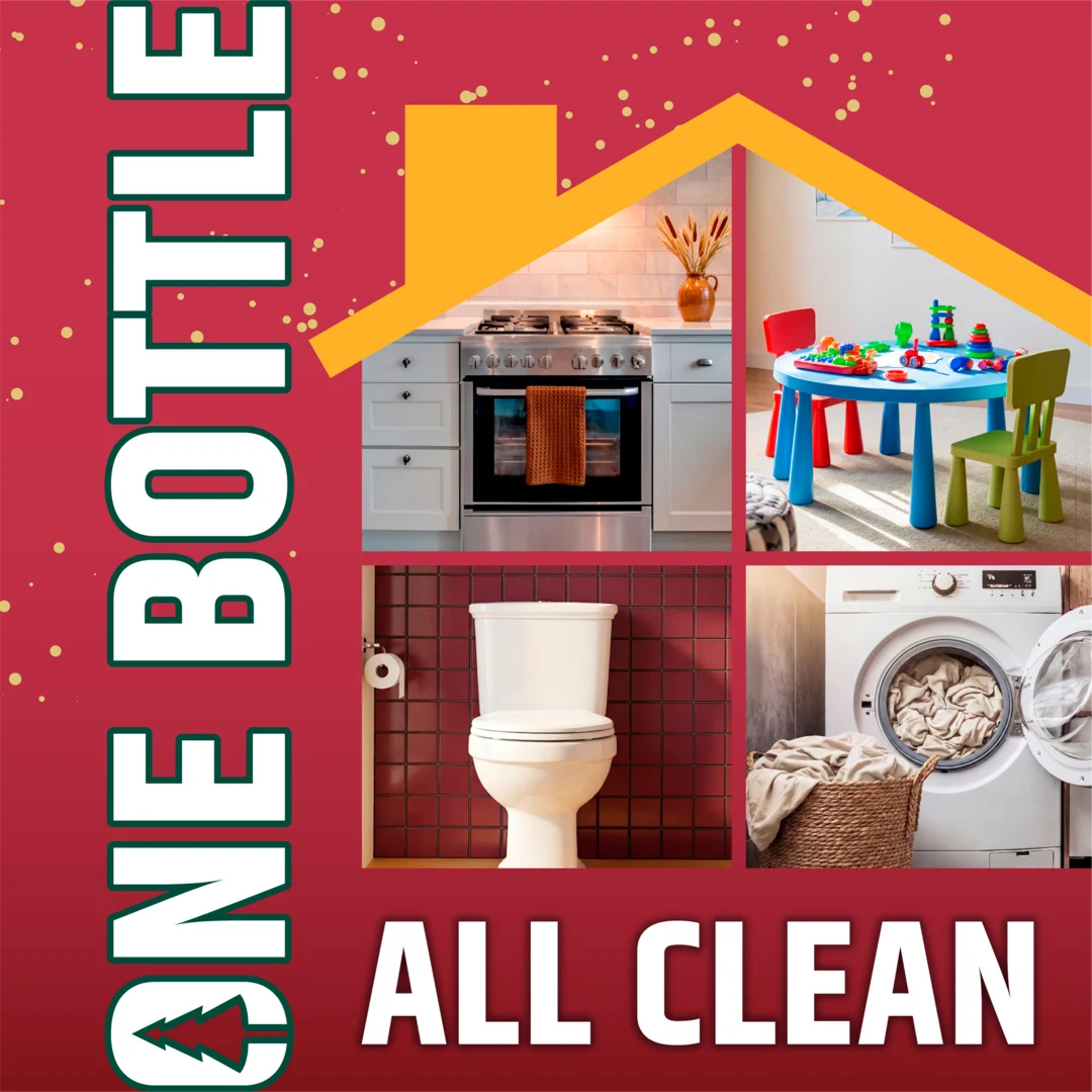 Gráfico promocional rojo con texto "UNA BOTELLA TODO LIMPIO" y cuatro imágenes que muestran áreas de cocina, sala de juegos, baño y lavandería.
