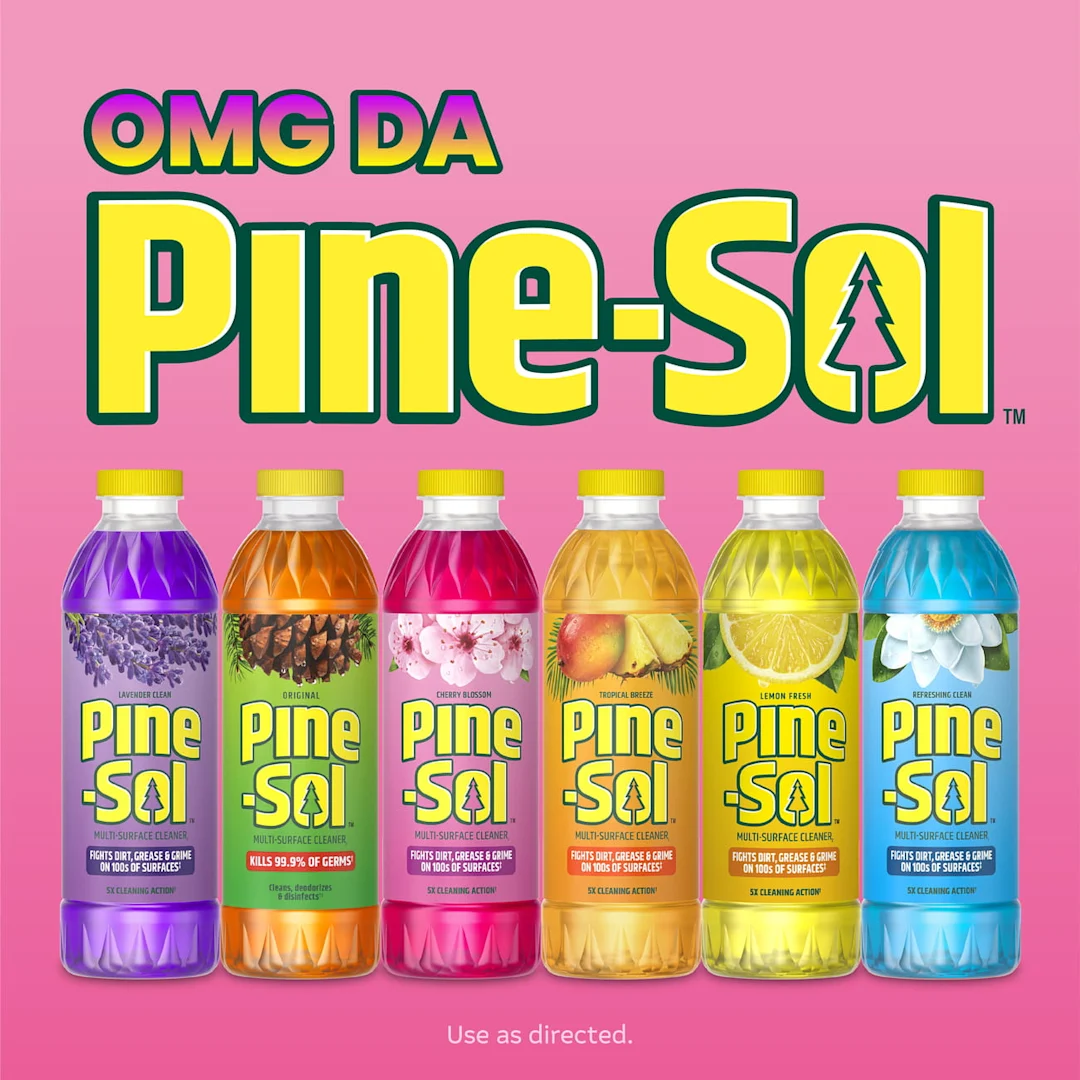 Six bottles of Pine-Sol cleaner in different scents and colors. OMG Da PINE