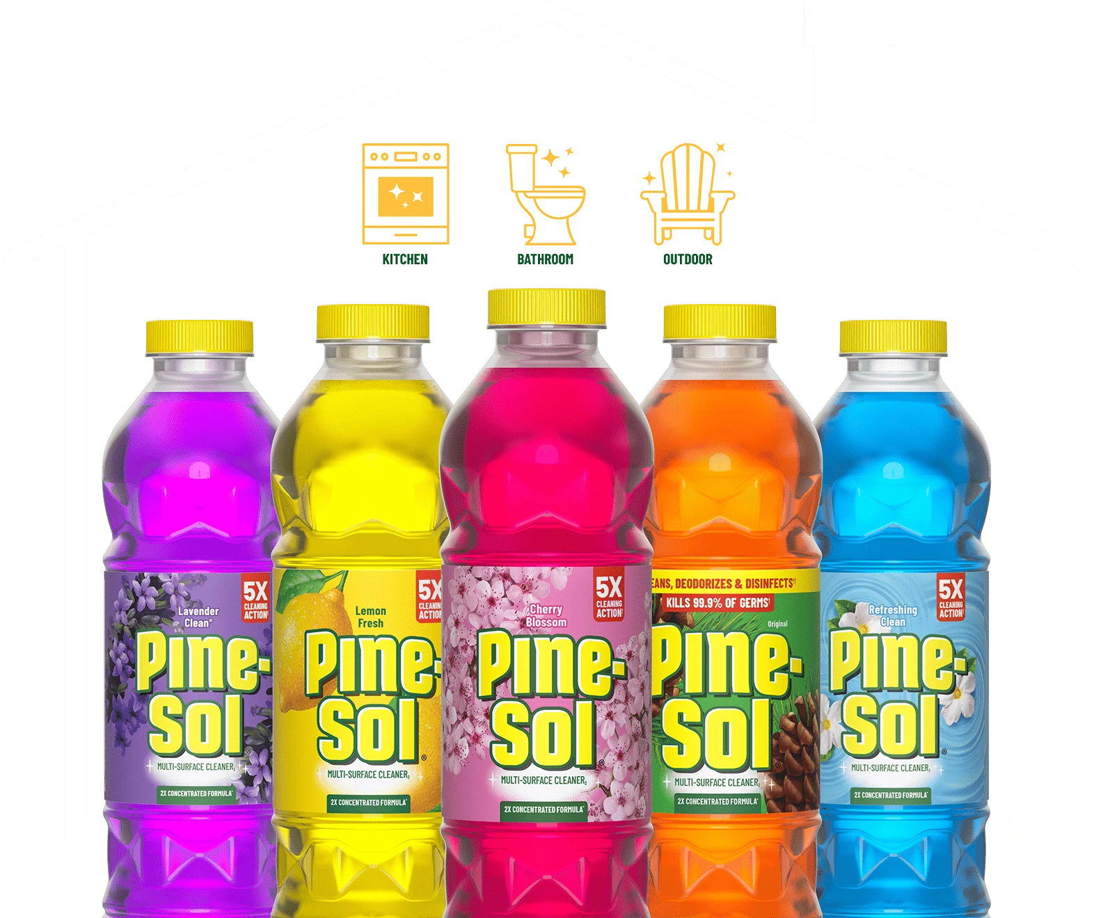Line up of Pine-Sol products inside the outline of a house with icons for kitchen bathroom and outdoor
