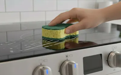 Una mano limpiando una estufa de vidrio con una esponja amarilla. 