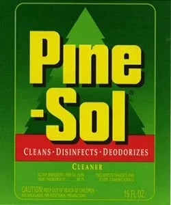 Pine-Sol label from 1991. Logo on green background with icon of pine tree in background. Cleans, Disinfects, Deodorizes.