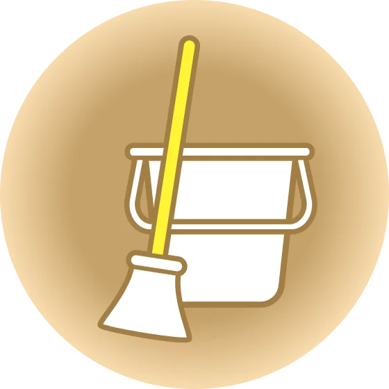 Yellow broom with white dustpan and sparkles on beige circular background, representing cleaning or tidiness.
