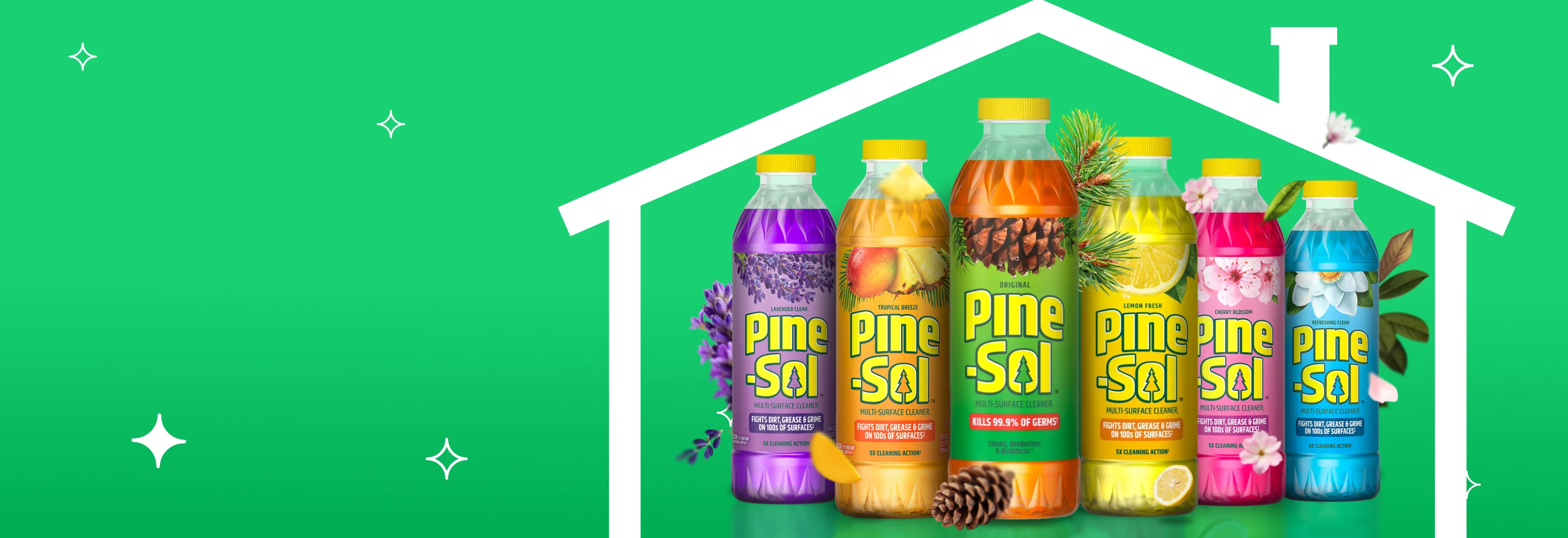 Limpiadores Pine-Sol en seis aromas con detalles florales, cítricos y de pino